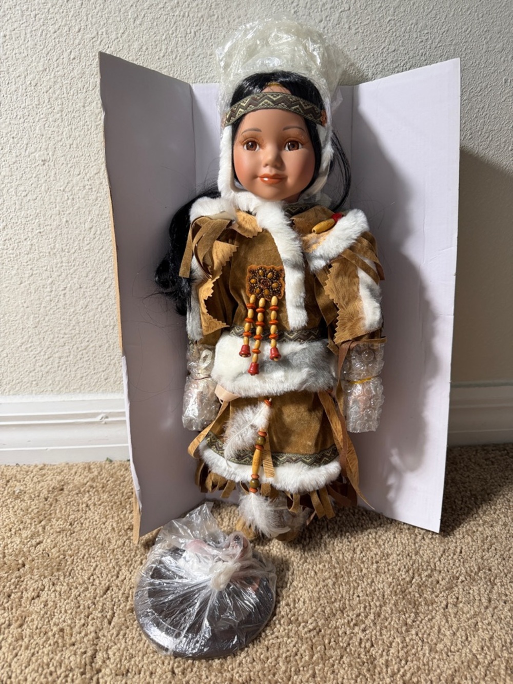 Native-Inspired 16” Porcelain Doll with Beaded and Fur Details